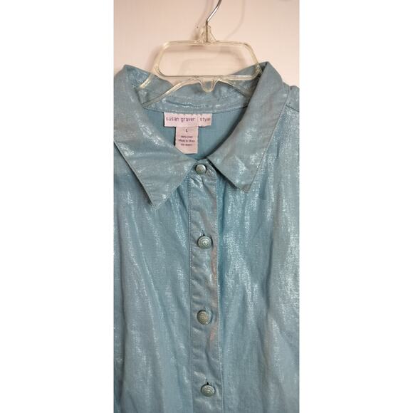 4289)Susan Graver  Aqua Blue Linen Metallic detail Button Up Long Sleeve Top L - Picture 5 of 8